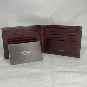 Bosca Old Leather Bifold Wallet Slim RFID Deep Brown 10 Card Slots Cash Divider